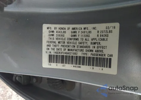 2016 Honda Accord Ex-L V-6 from USA, damaged, VIN 1HGCR3F04GA021662